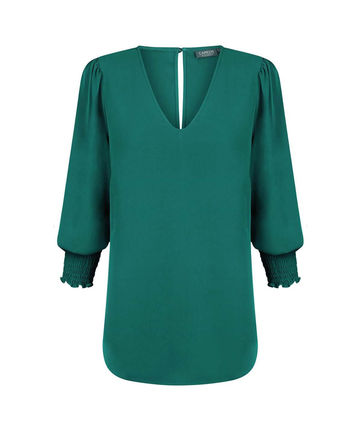 Career by Gloweave: 1803WZ V NECK SHIRRED CUFF TOP